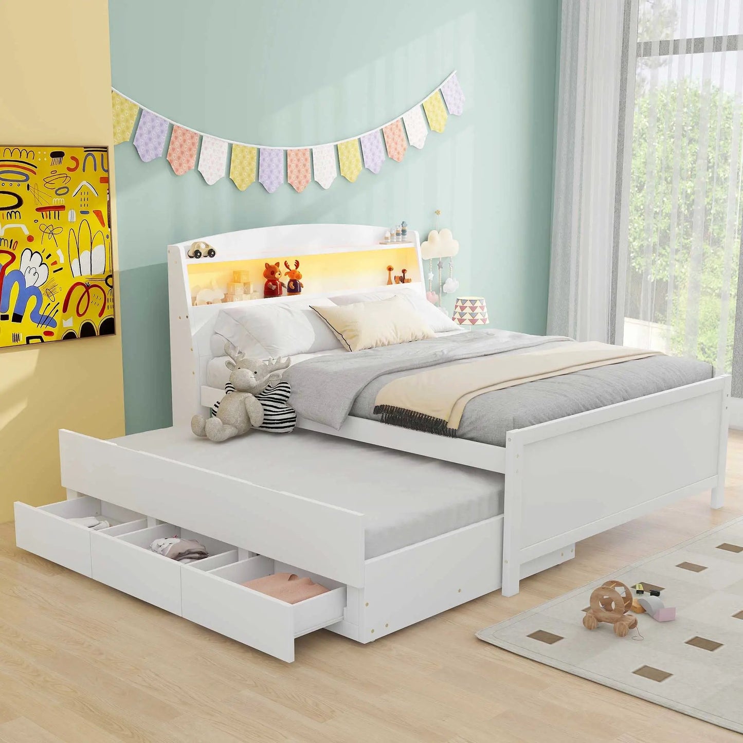 White full-size platform bed with 3 under-bed drawers by Unique Piece Furniture on Tampa Home & Garden Store