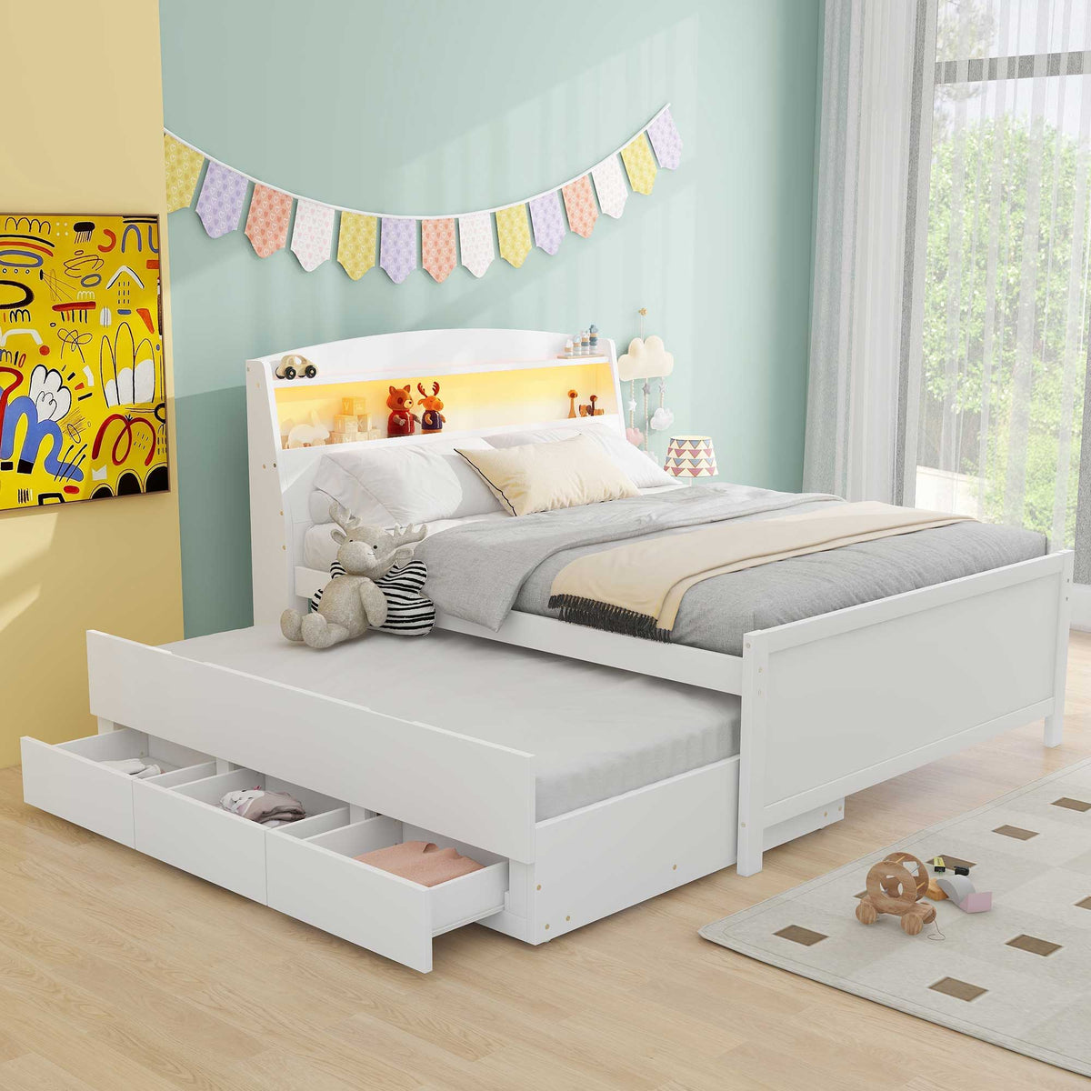 White full-size platform bed with 3 storage drawers and LED headboard in a kids room on Tampa Home & Garden Store