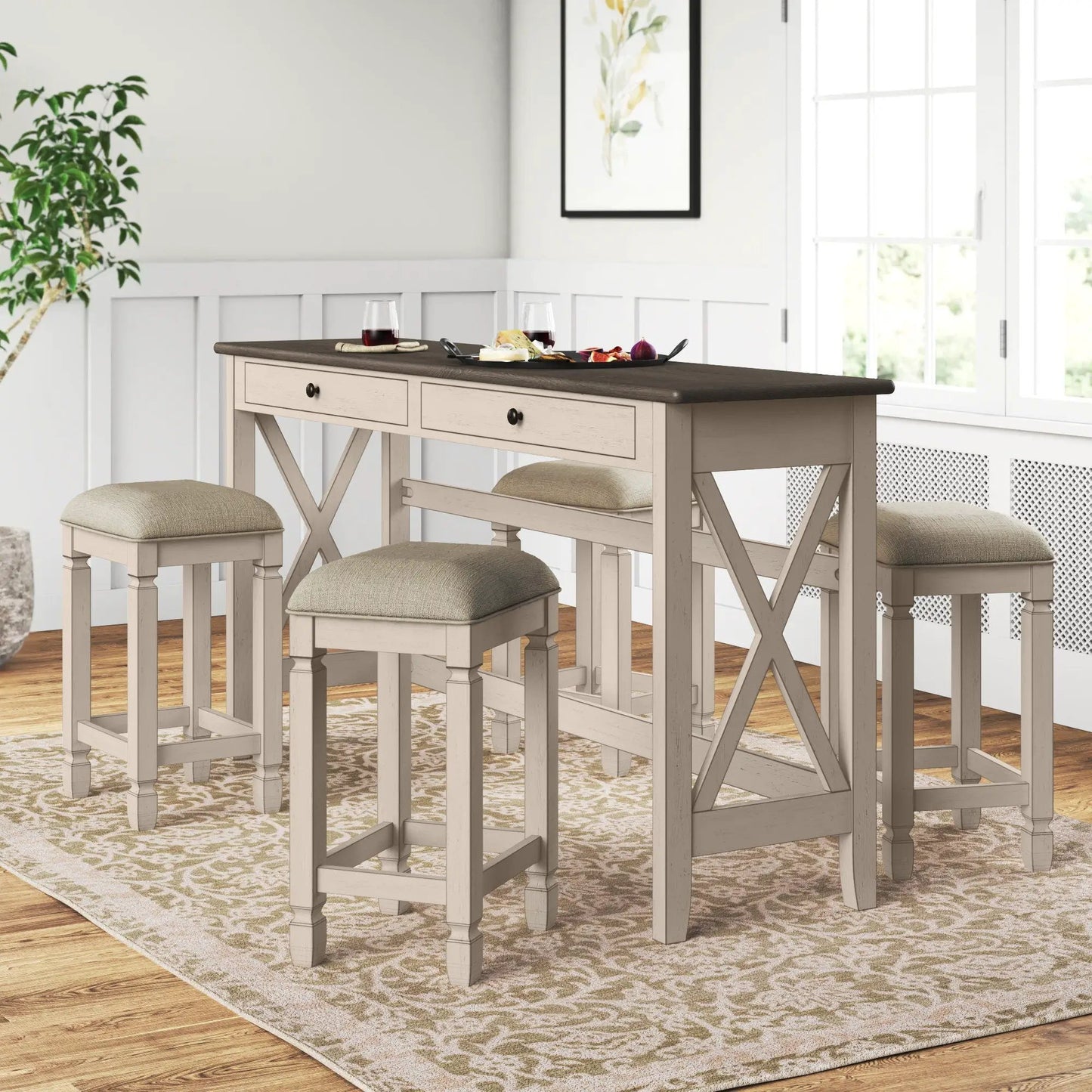 Antique white console table with dark wood top and 4 stools, 5-piece dining set on Tampa Home & Garden Store