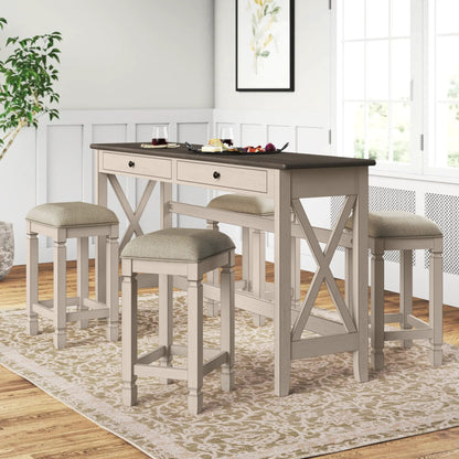 Antique white console table with dark wood top and 4 stools, 5-piece dining set on Tampa Home & Garden Store