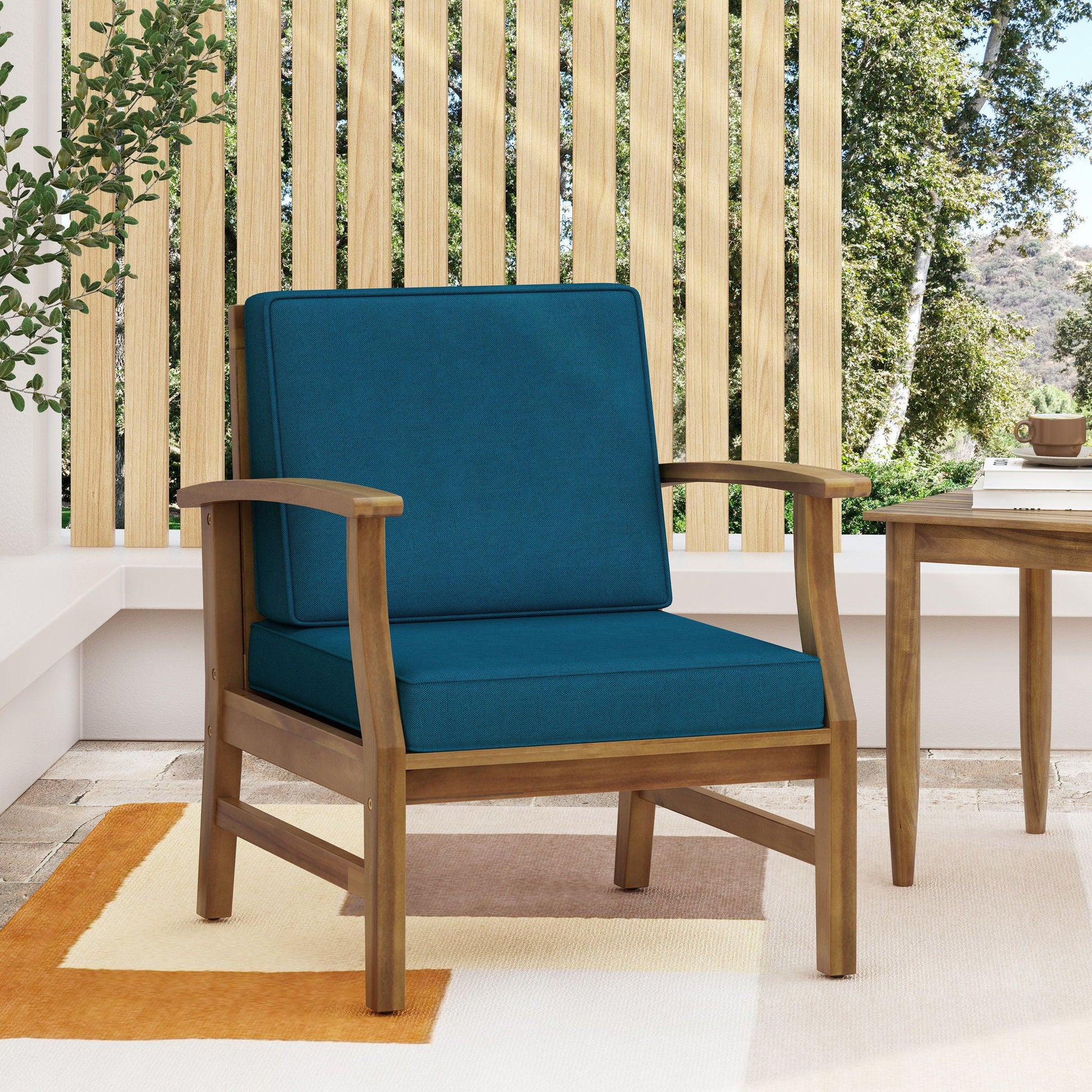 Perla Club Chair with water resistant teal cushion and wood frame by HouseOfZazla on Tampa Home & Garden Store