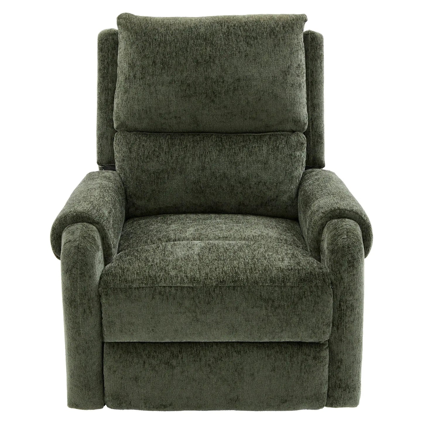 Manual recliner massage chair in dark green plush upholstery with padded arms on Tampa Home & Garden Store