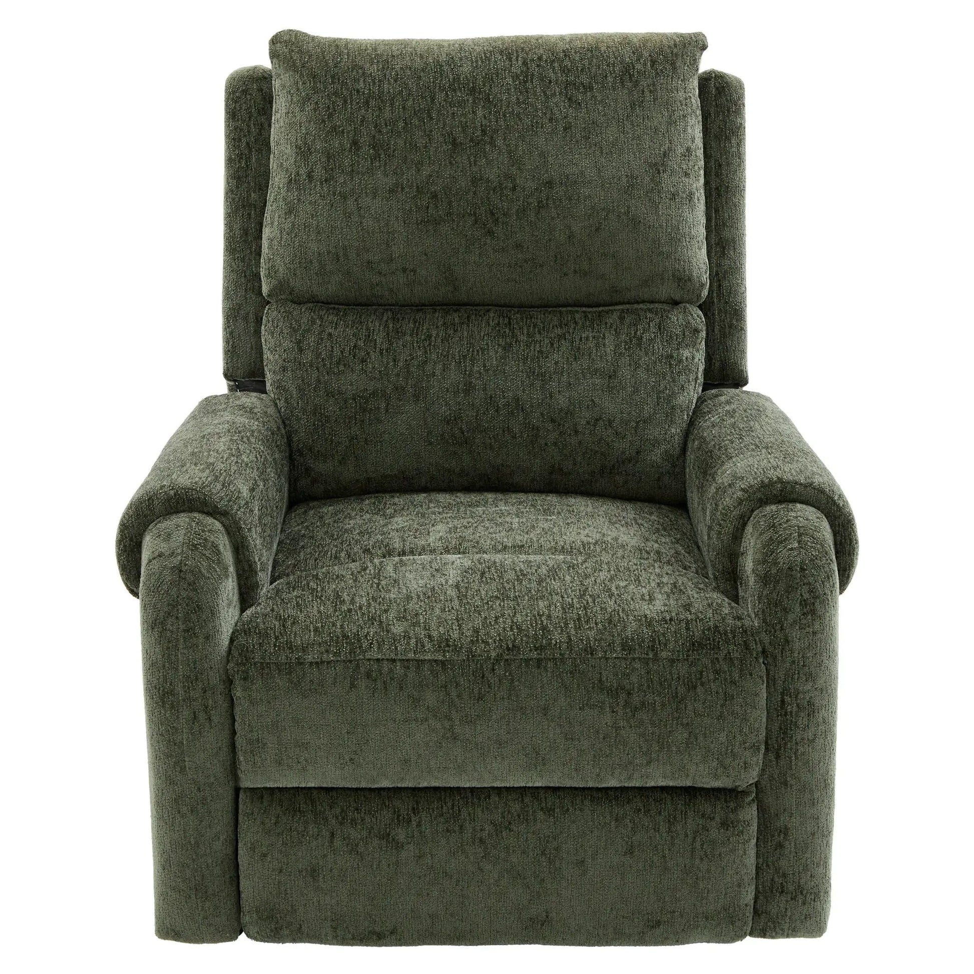 Manual recliner massage chair in dark green plush upholstery with padded arms on Tampa Home & Garden Store