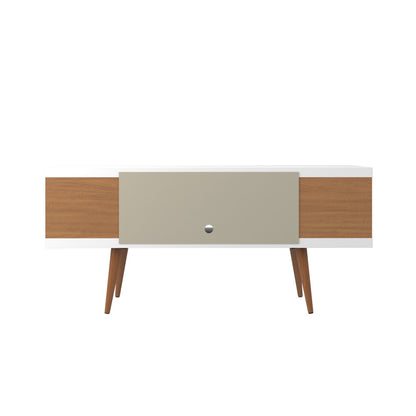 Mid-Century Modern TV Stand with adjustable storage, white top, wood accents, tapered legs on Tampa Home & Garden Store