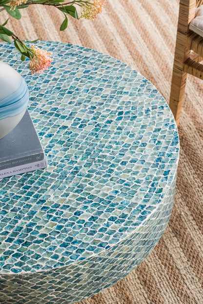 Capiz coffee table with pedestal base, round blue turquoise mosaic top on Tampa Home & Garden Store