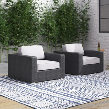 Patio arm chair set in black wicker with white cushions, 2 chairs by Unique Piece Furniture on Tampa Home & Garden Store