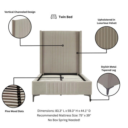 Promenade Upholstered Bed with velvet headboard and pine wood slats by HouseOfZazla, twin on Tampa Home & Garden Store