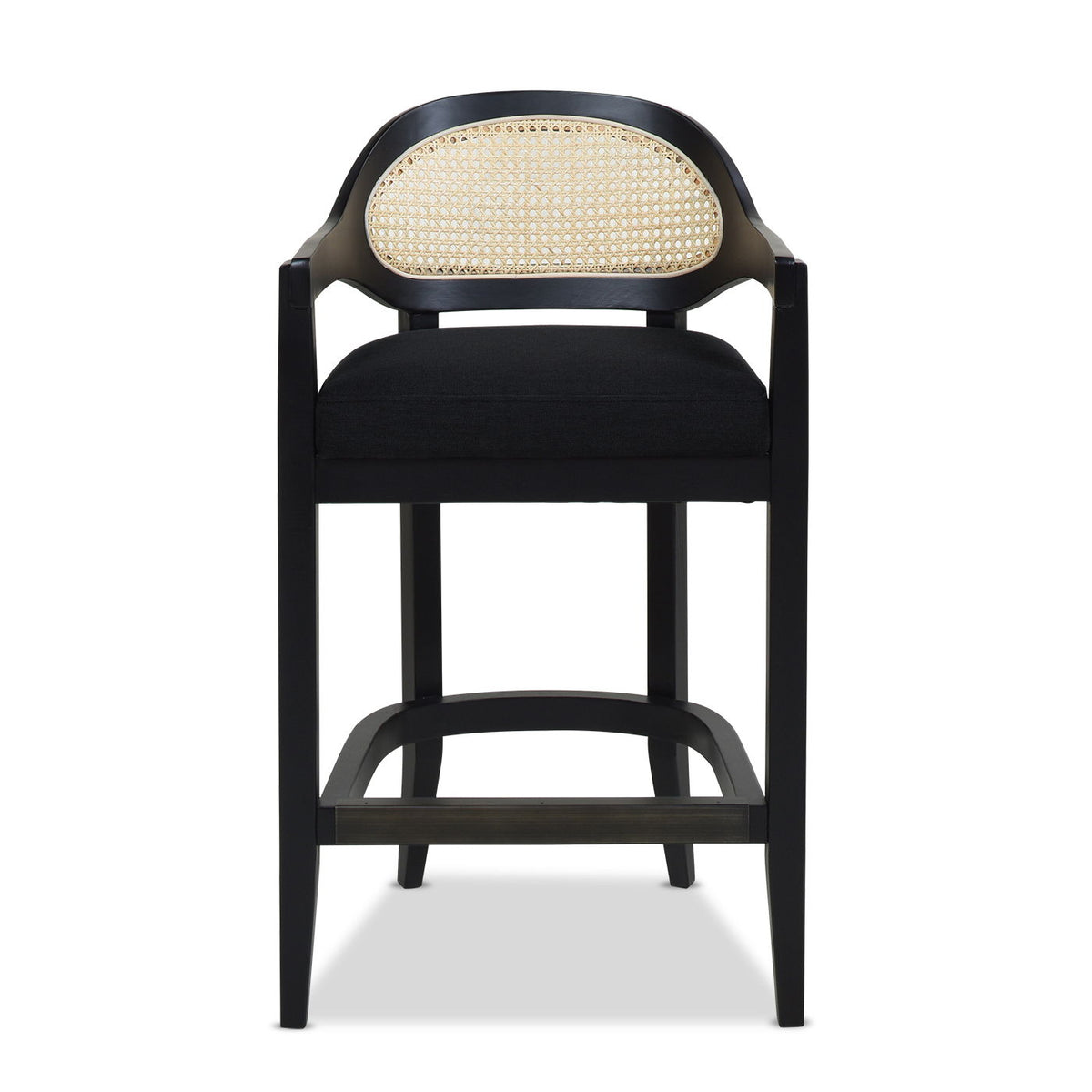 Mid-Century Cane Back Counter Stool, black frame with beige cane back and black cushion, 24–27 in counter height on Tampa Home & Garden Store