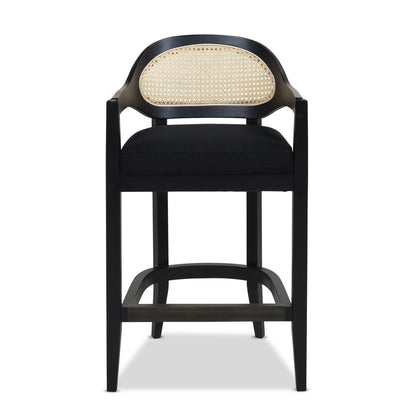 Mid-Century Cane Back Counter Stool, black frame with beige cane back and black cushion, 24–27 in counter height on Tampa Home & Garden Store