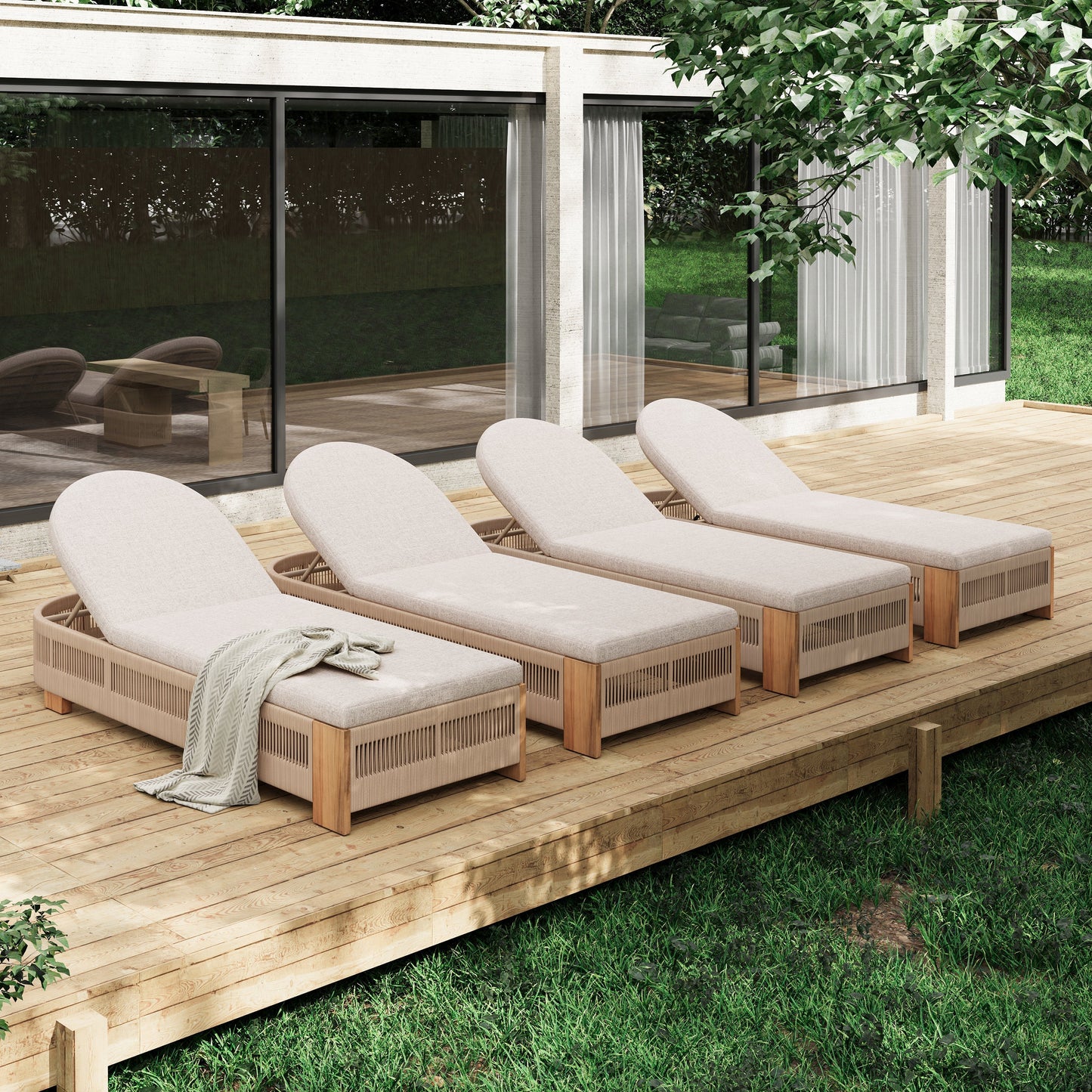 Outdoor chaise lounge chair, acacia wood with adjustable backrest and beige cushions, 4 units on Tampa Home & Garden Store
