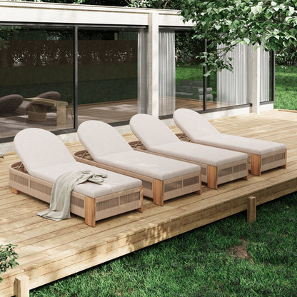 Outdoor chaise lounge chair, acacia wood with adjustable backrest and beige cushions, 4 units on Tampa Home & Garden Store