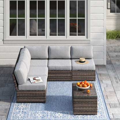 Comfortable Modern Patio Rattan Sectional Set With Cushions; light gray cushions, wicker frame on Tampa Home & Garden Store