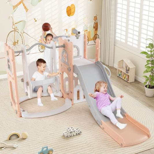 7-in-1 Toddler Swing and Slide Set L-shaped with Ladder and Basketball Hoop - Tampa Home & Garden Store
