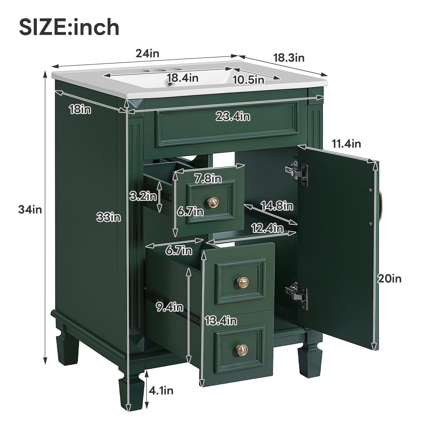 Bathroom vanity with sink by Unique Piece Furniture, compact dark-green cabinet with 2 drawers on Tampa Home & Garden Store
