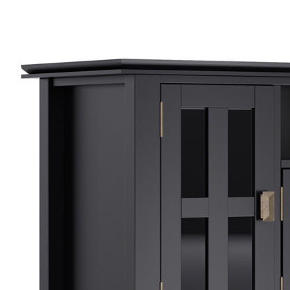 Artisan solid wood TV stand with flip drawer in dark charcoal, brass hardware, glass doors on Tampa Home & Garden Store