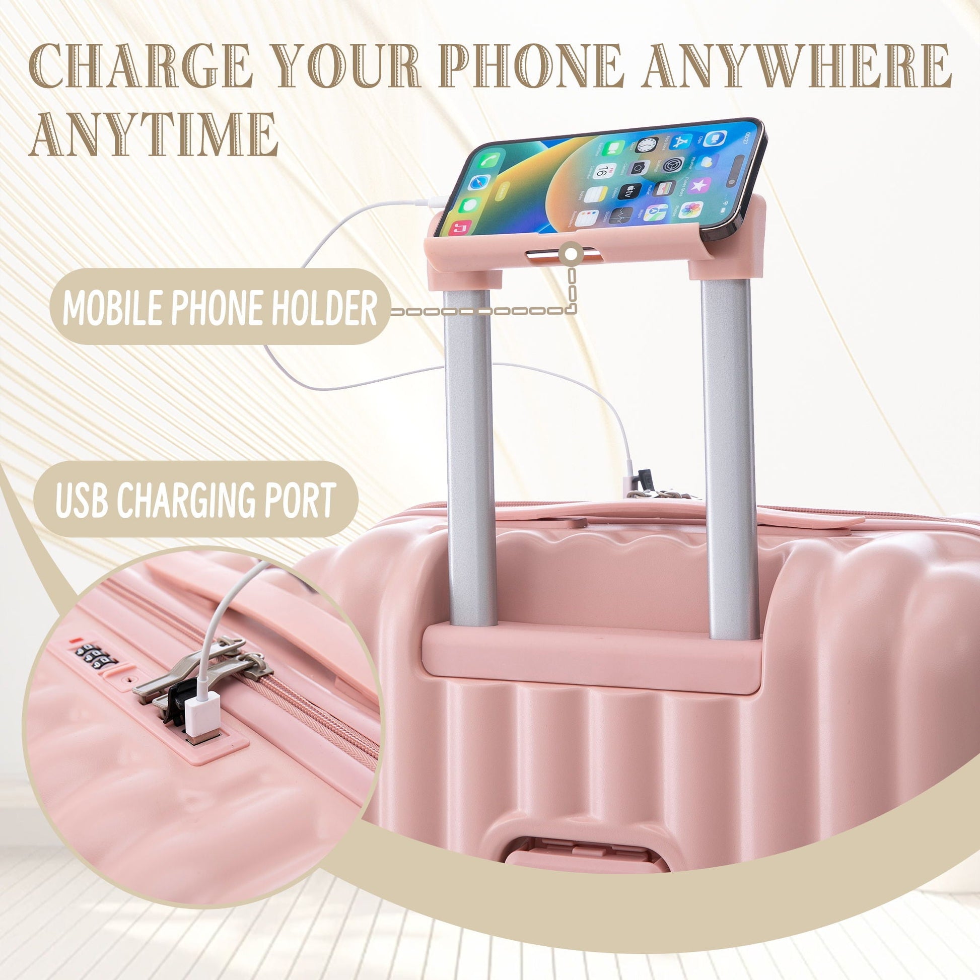 Pink HouseOfZazla spinner luggage set with phone holder and USB port on Tampa Home & Garden Store
