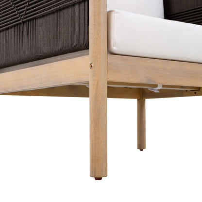 Outdoor Acacia Wood Club Chair with diamond rope weave and light teak frame beige cushions on Tampa Home & Garden Store