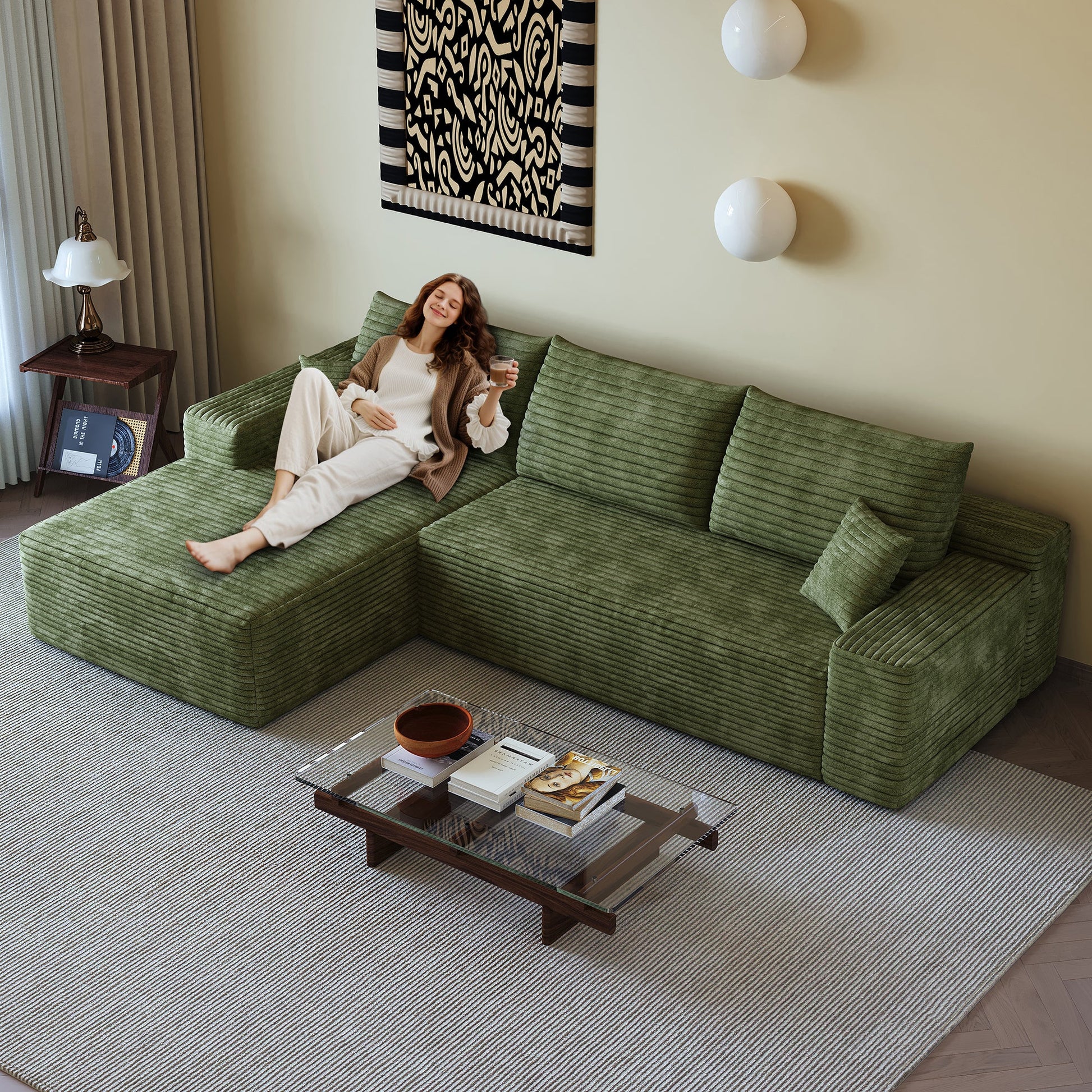 107-inch Cloud sectional sofa with L-shaped chaise in green corduroy by HouseOfZazla on Tampa Home & Garden Store