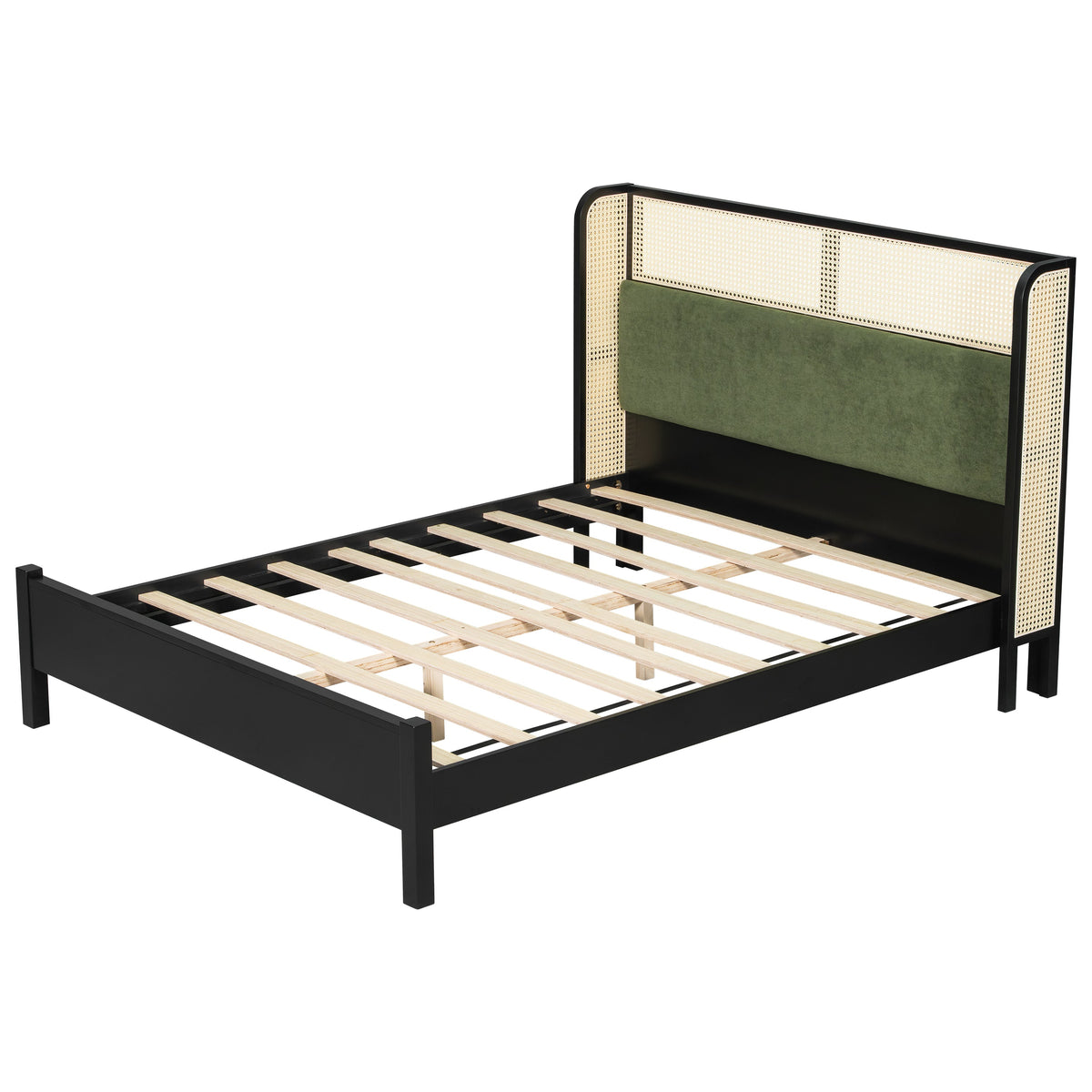 Queen Size Bed Frame with Plush Green Headboard