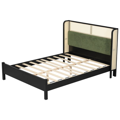 Queen Size Bed Frame with Plush Green Headboard