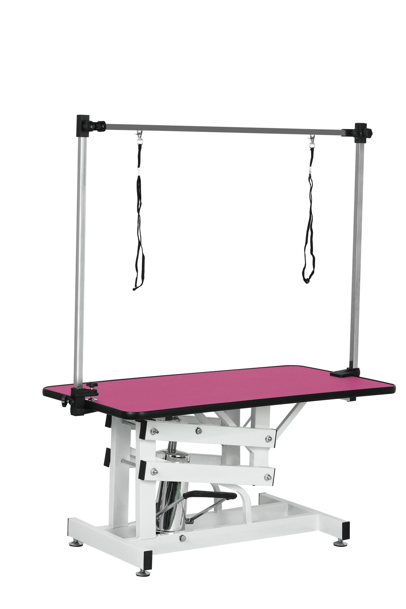 Hydraulic pet grooming table with H arm pink deck silver frame dual restraints on Tampa Home & Garden Store