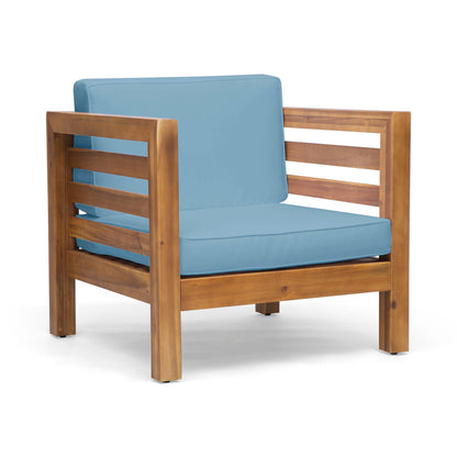 Outdoor Acacia Wood Patio Chair with Fabric Cushion, blue cushion, by HouseOfZazla on Tampa Home & Garden Store