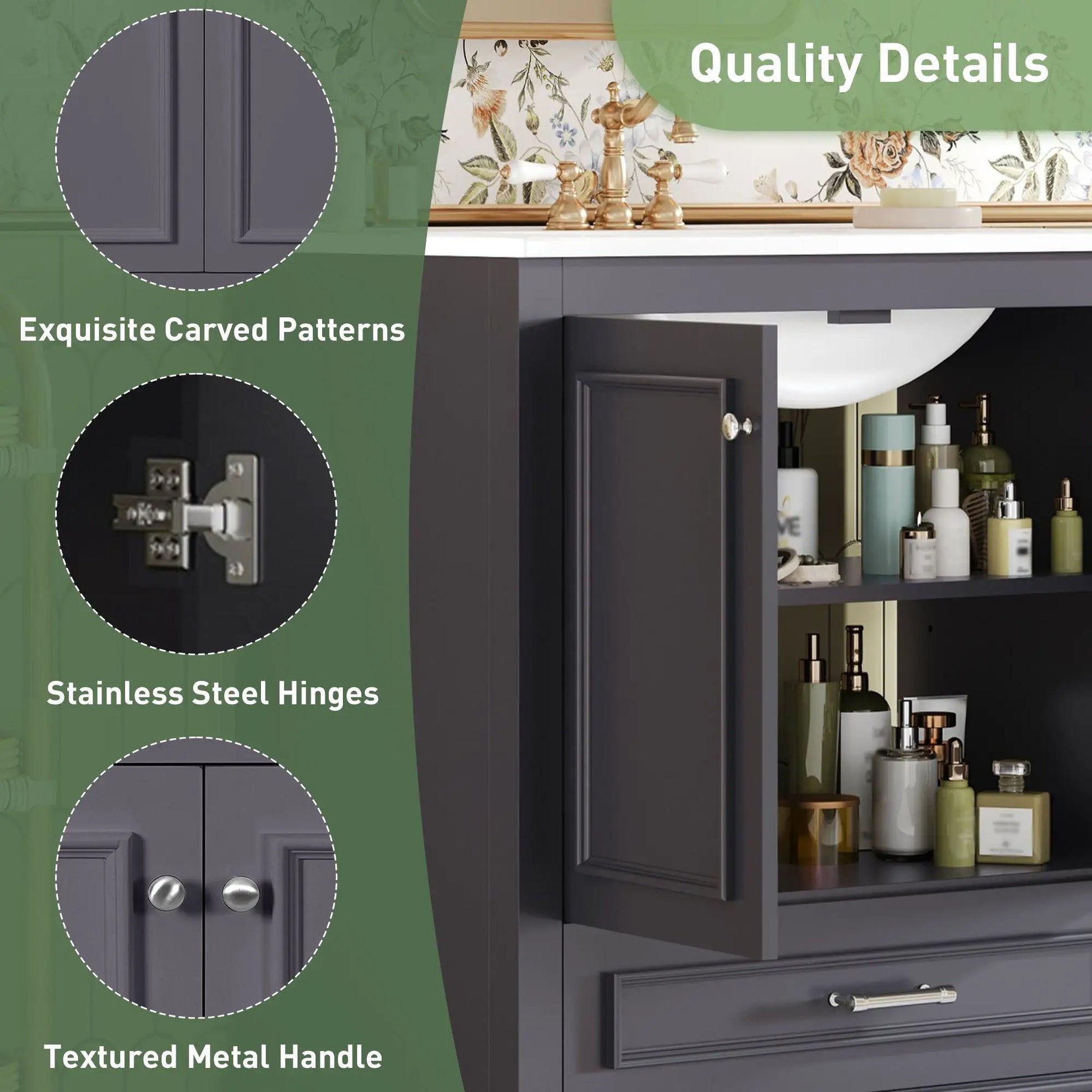 Bathroom vanity with sink in dark-gray cabinetry with 2 soft-close doors and adjustable shelf on Tampa Home & Garden Store