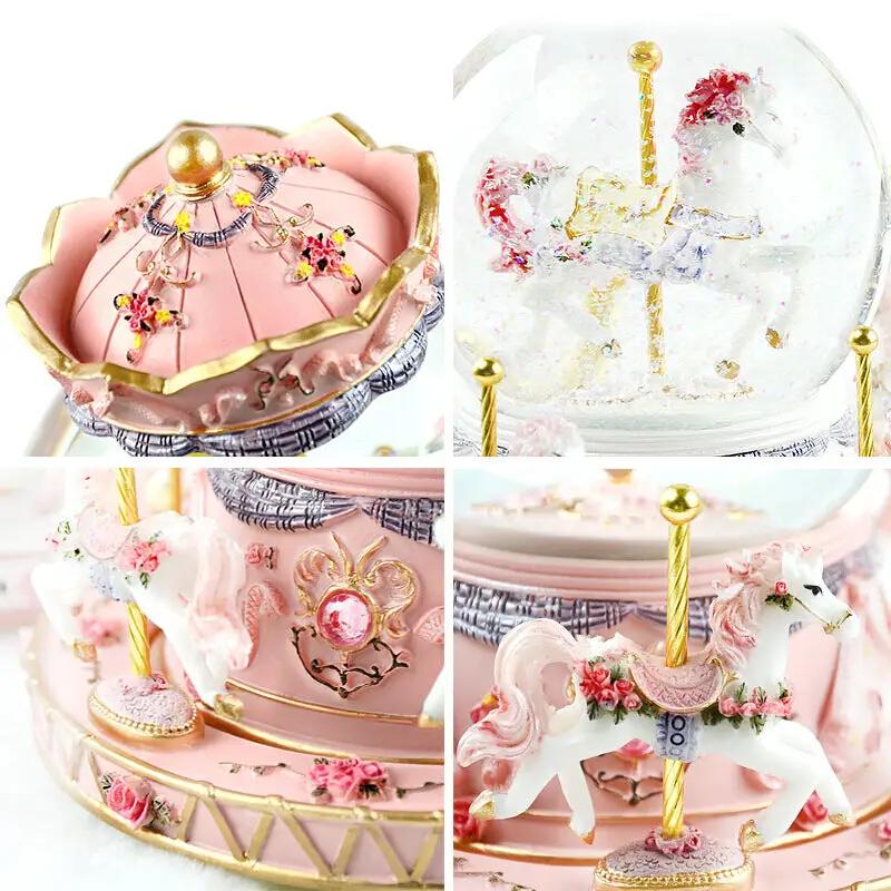 Crystal music box carousel pink with gold trim and horse figures FLIPSTYLEZLLC on Tampa Home & Garden Store