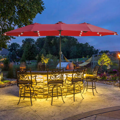 Double-Sided Outdoor Market Umbrella with Lights and Base red canopy with LED accents on Tampa Home & Garden Store