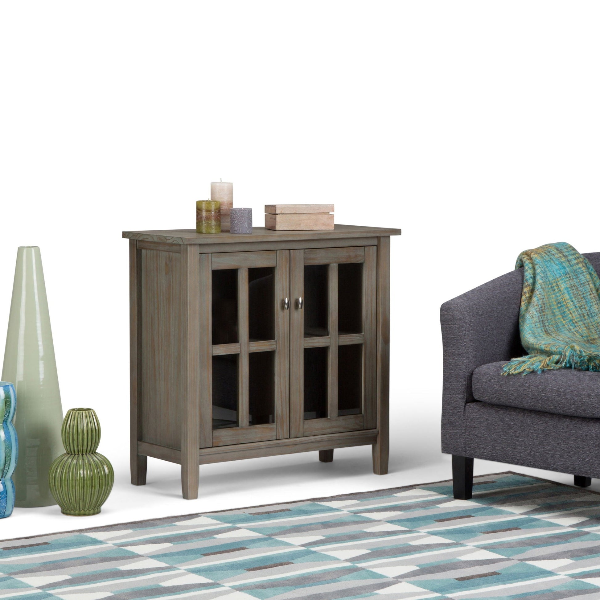 Warm Shaker handcrafted low storage cabinet with glass-pane doors and weathered wood finish on Tampa Home & Garden Store