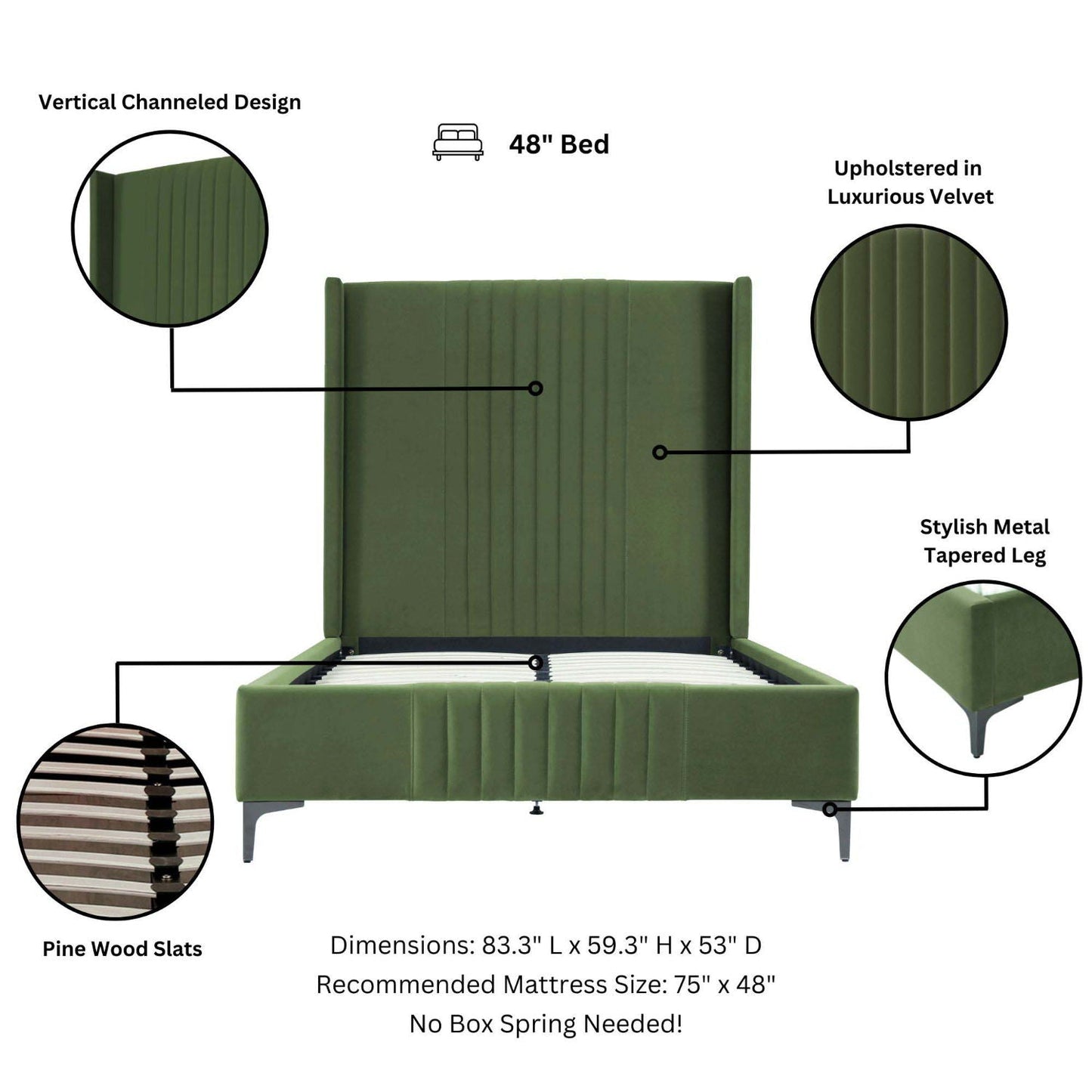 Promenade upholstered bed by HouseOfZazla in green velvet with channel headboard on Tampa Home & Garden Store