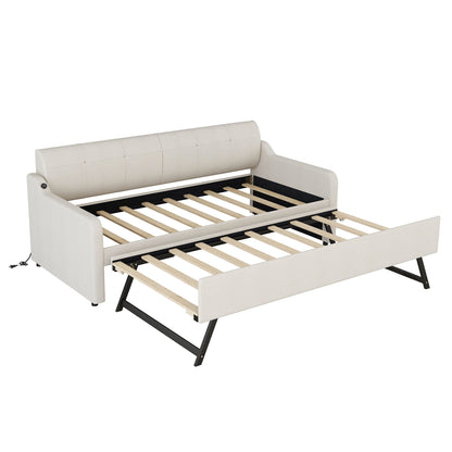 Upholstered daybed with trundle in beige by HouseOfZazla, wood slats, black metal legs on Tampa Home & Garden Store