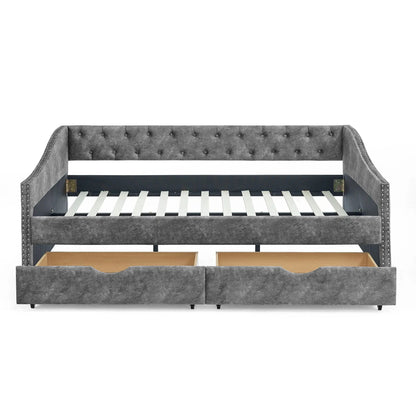 Upholstered Tufted Daybed With Drawers Waved Arms