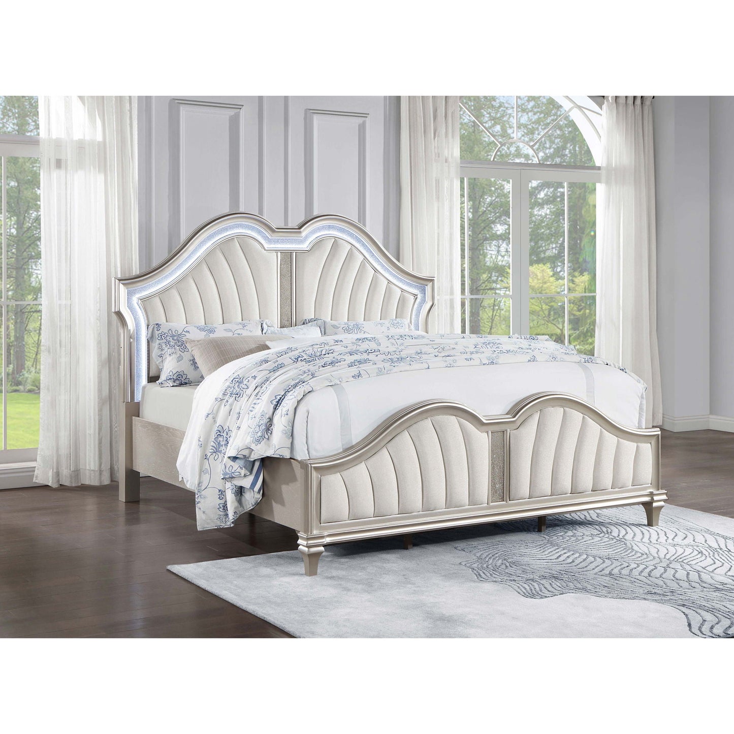 Katerina Platform Bed with LED Light by HouseOfZazla, silver upholstered headboard and frame on Tampa Home & Garden Store