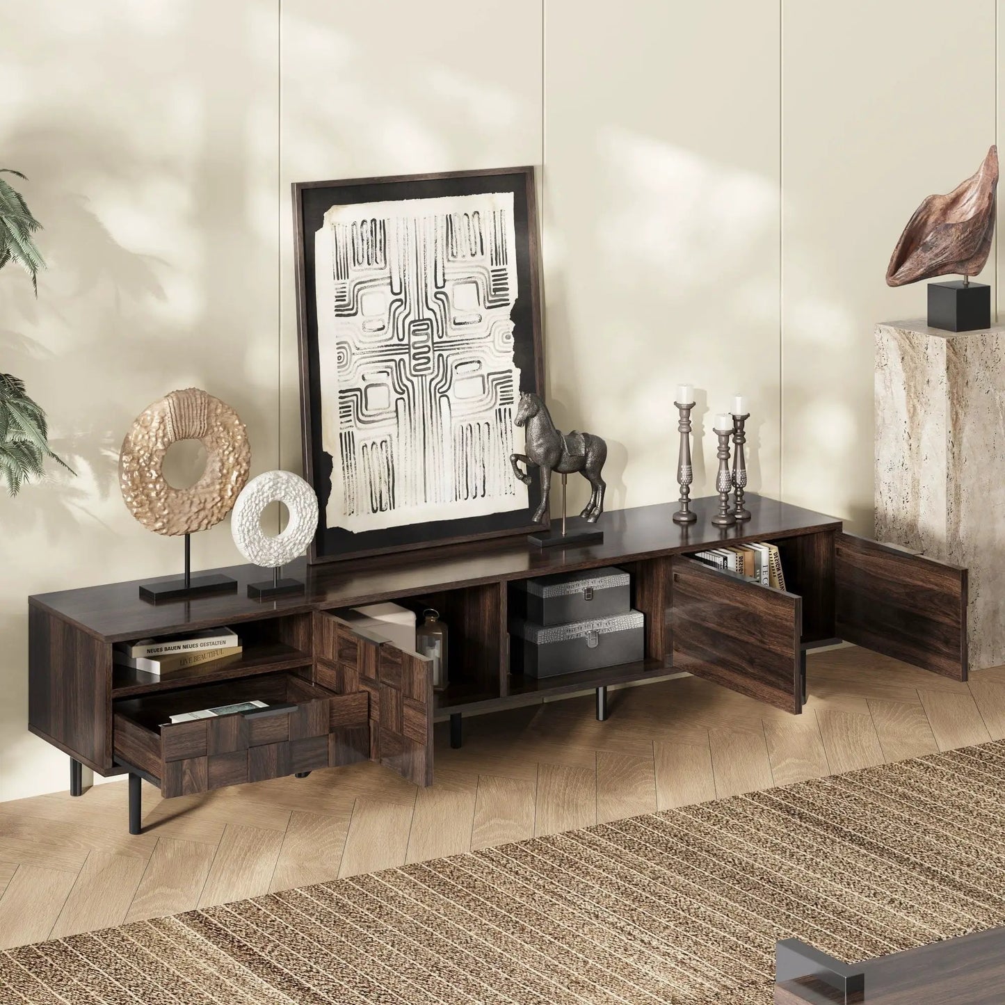 78-inch walnut TV stand with storage cabinets and open cubbies in dark wood finish on Tampa Home & Garden Store