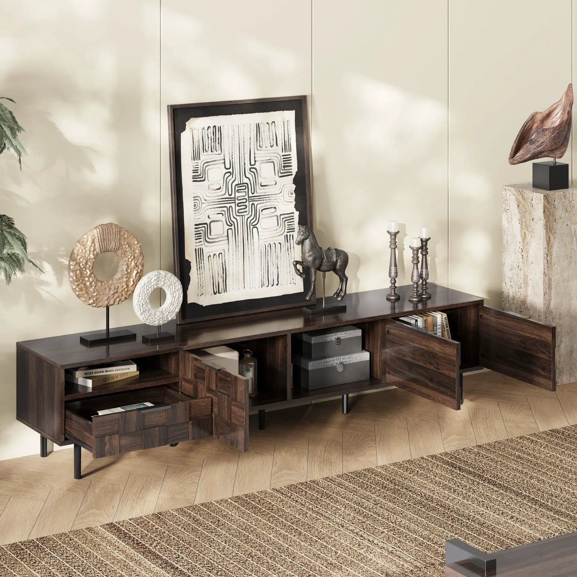 78-inch walnut TV stand with storage cabinets and open cubbies in dark wood finish on Tampa Home & Garden Store