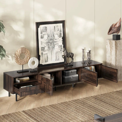 78-inch walnut TV stand with storage cabinets and open cubbies in dark wood finish on Tampa Home & Garden Store
