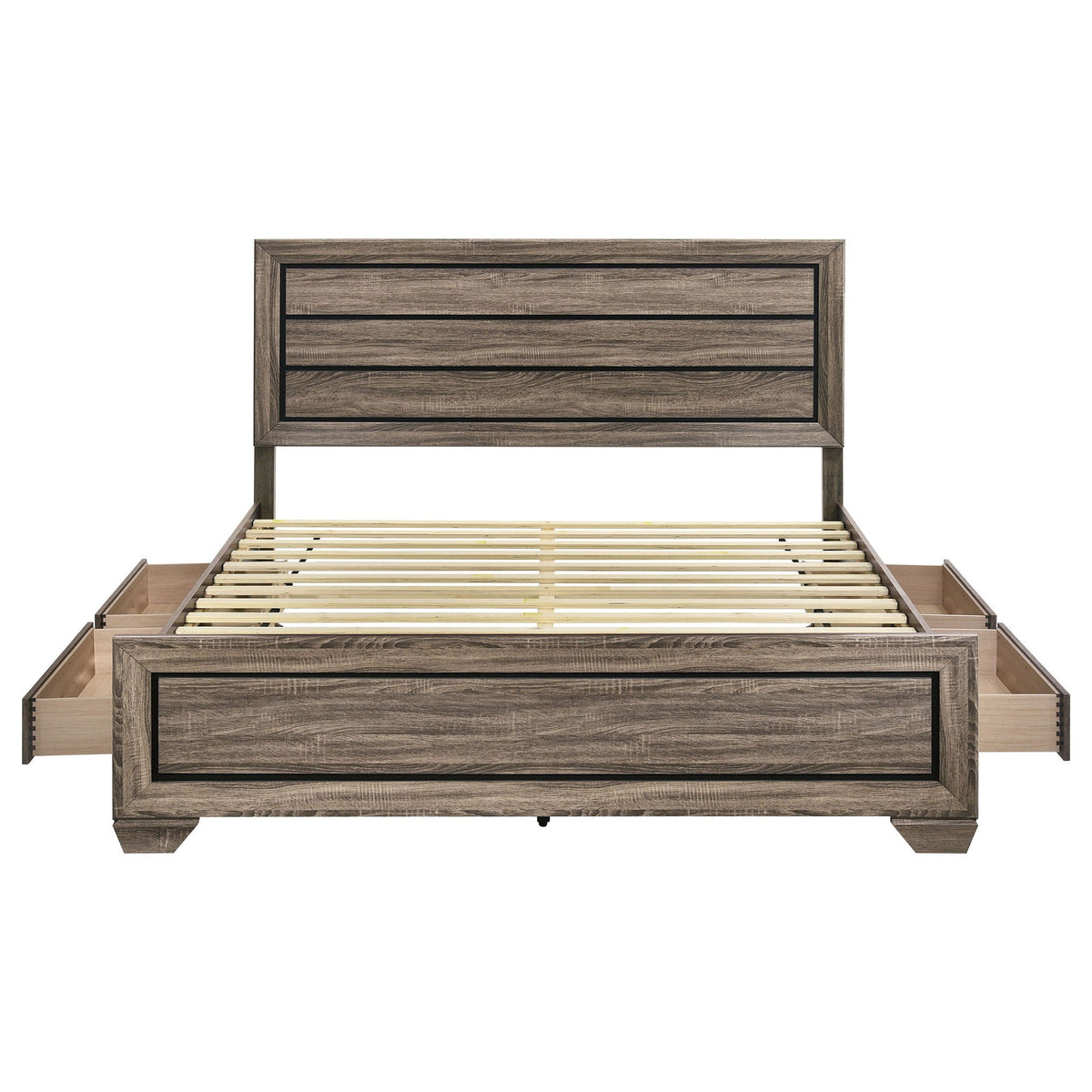 Oatfield panel bed woodgrain finish with black inset trim headboard and footboard on Tampa Home & Garden Store