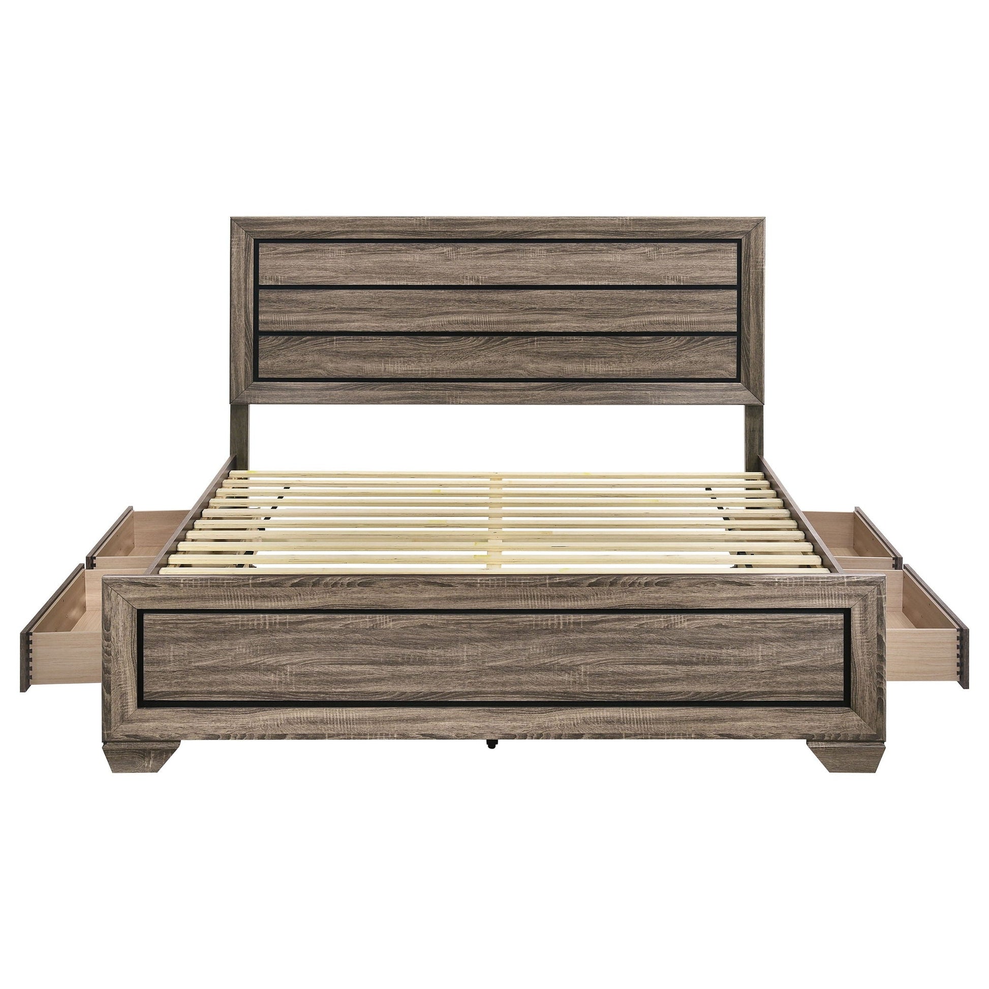 Oatfield panel bed woodgrain finish with black inset trim headboard and footboard on Tampa Home & Garden Store