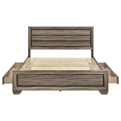 Oatfield panel bed woodgrain finish with black inset trim headboard and footboard on Tampa Home & Garden Store