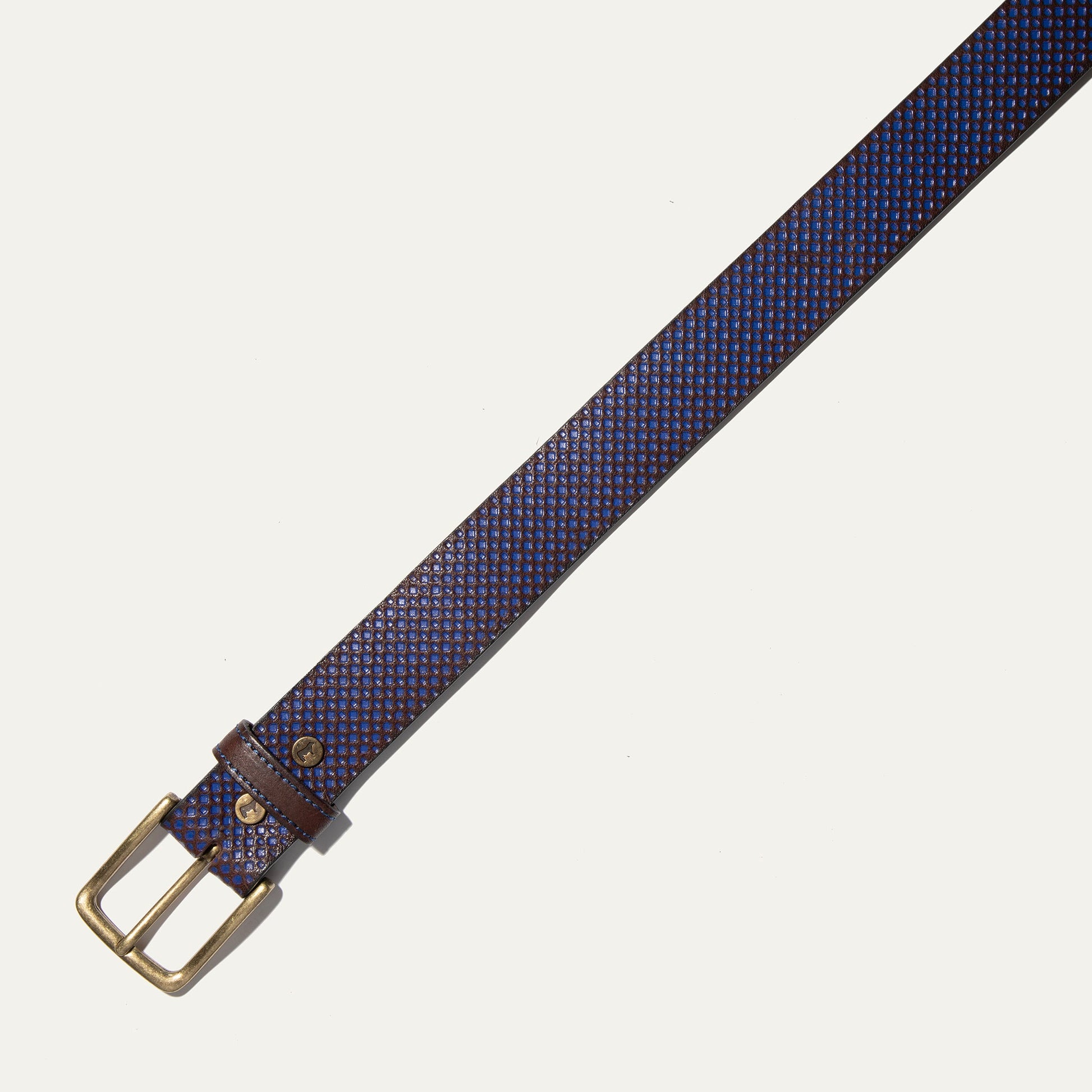 Embossed Golf Belt Will Leather Goods brown strap with blue embossed pattern brass buckle on Tampa Home & Garden Store