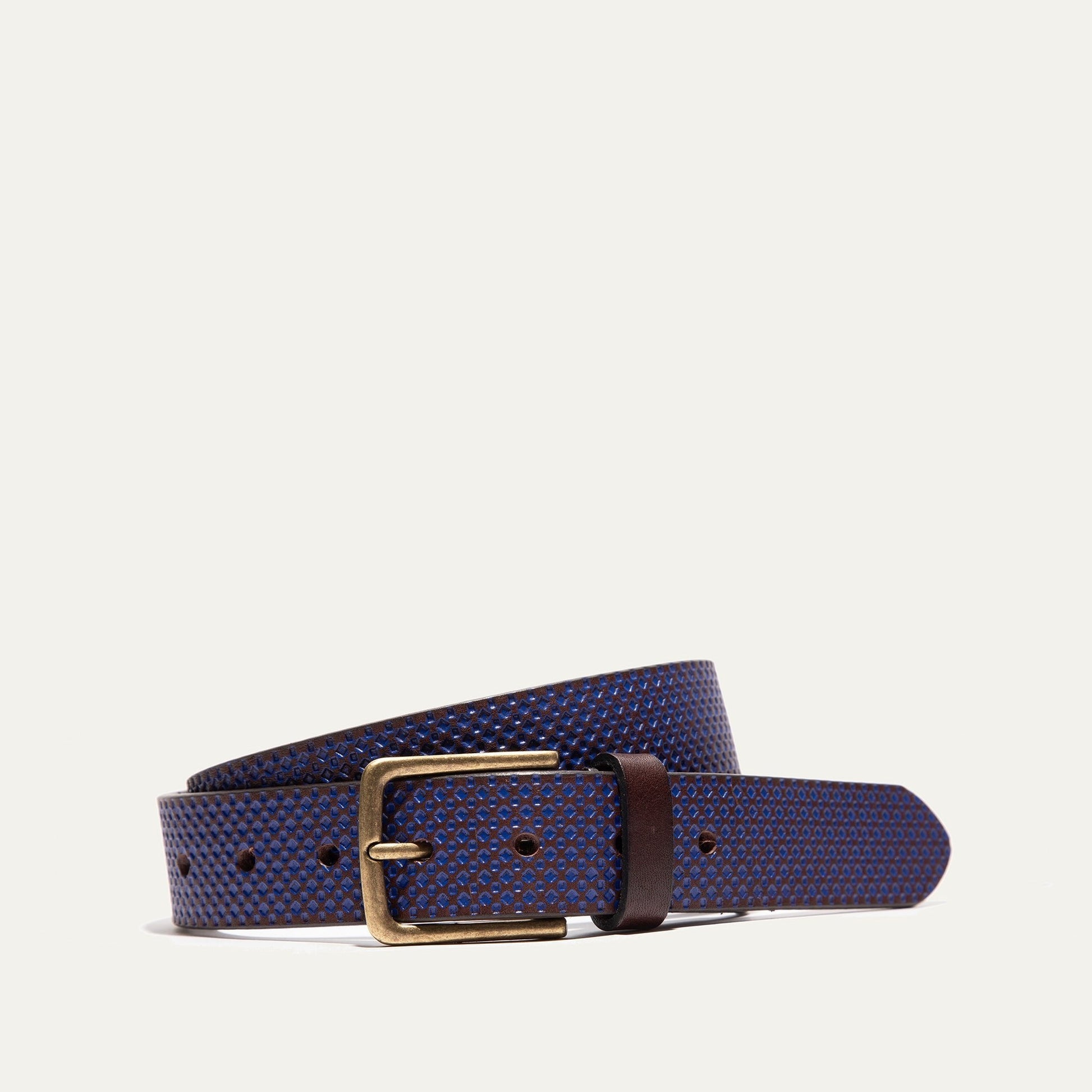 Embossed Golf Belt by Will Leather Goods, blue textured leather with brass buckle on Tampa Home & Garden Store