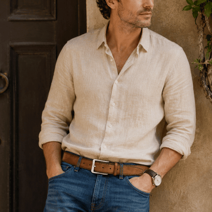 Stitched Nubuck Belt by Will Leather Goods, brown leather with visible stitching on Tampa Home & Garden Store