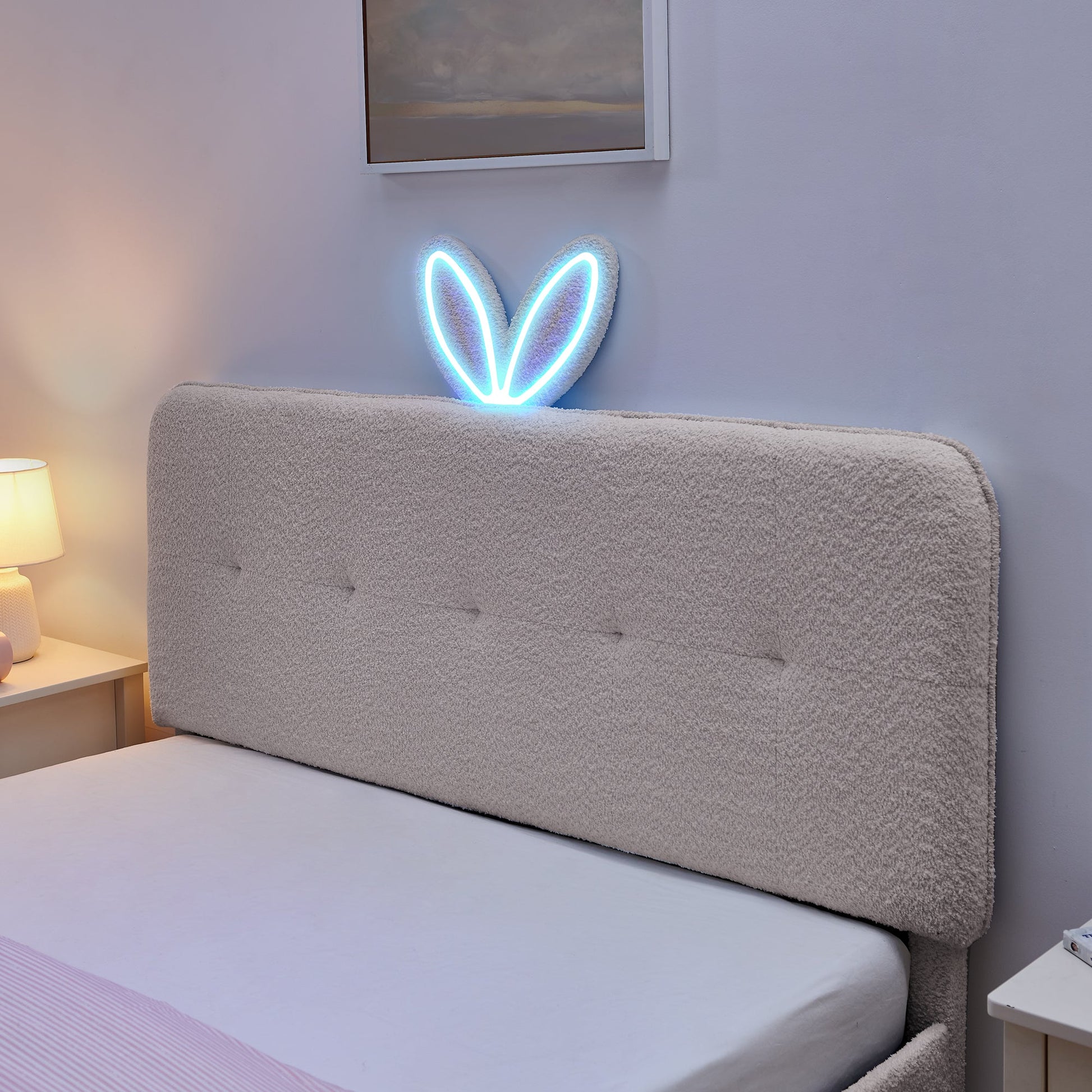 Queen size kids upholstered bed in gray fabric with rabbit ear headboard and storage on Tampa Home & Garden Store
