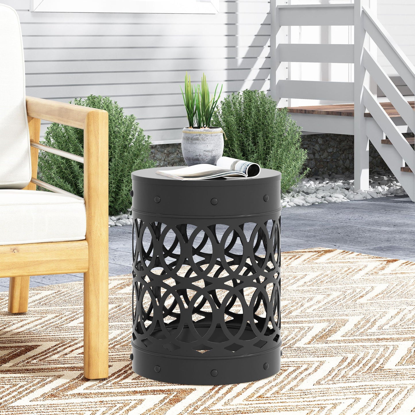 Large Outdoor Metal End Table with Floral Cut