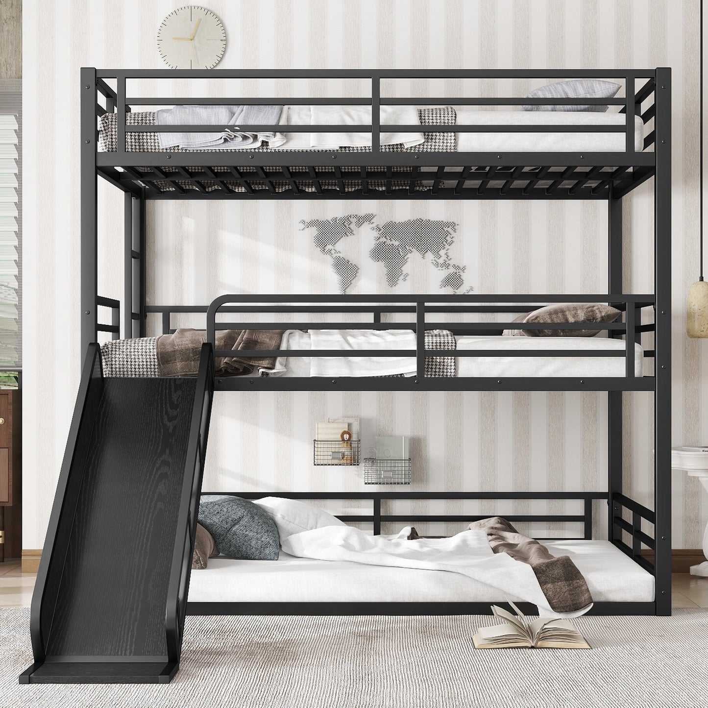 Full over full bunk bed with slide in black metal frame by HouseOfZazla on Tampa Home & Garden Store