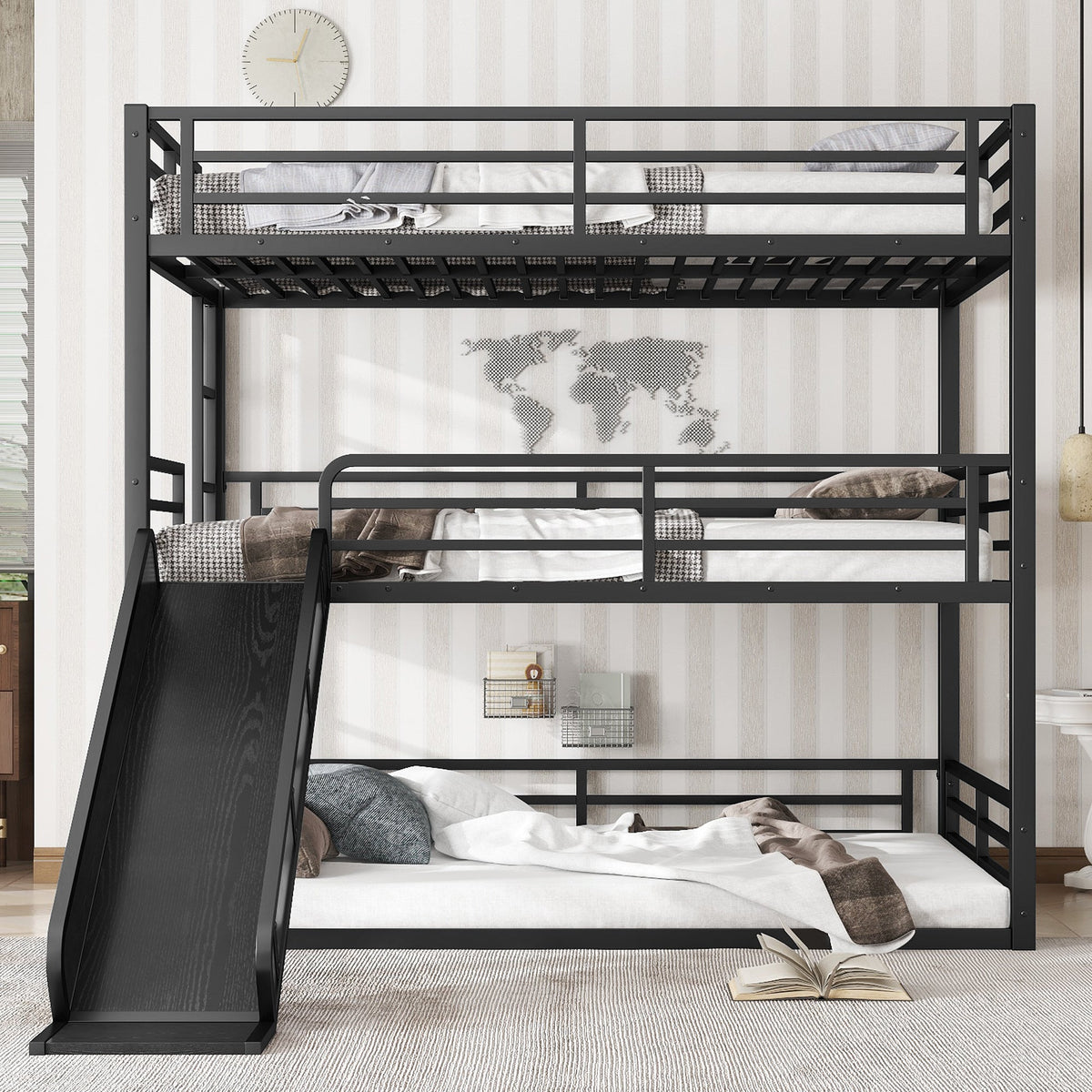 Full over full bunk bed with slide in black metal frame by HouseOfZazla on Tampa Home & Garden Store