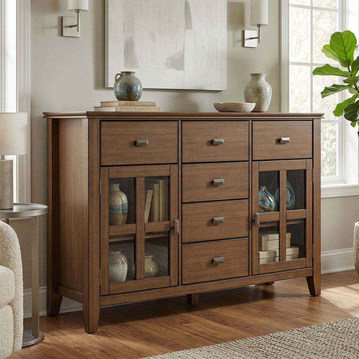 Rustic brown sideboard buffet with tempered glass doors; three drawers and glass-front cabinets on Tampa Home & Garden Store