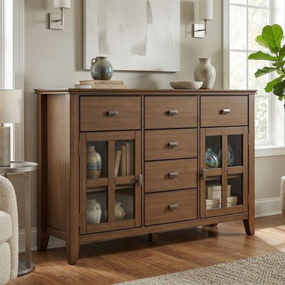 Rustic brown sideboard buffet with tempered glass doors; three drawers and glass-front cabinets on Tampa Home & Garden Store
