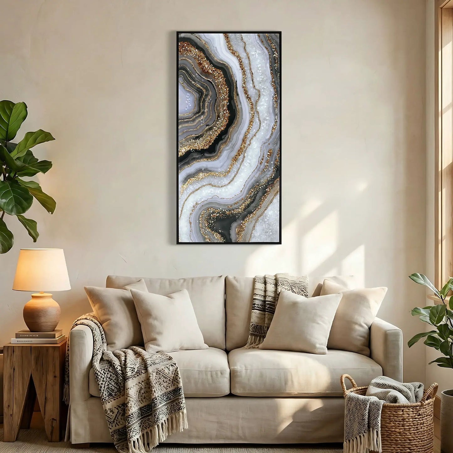 Framed vertical canvas wall art with marble pattern and gold glitter accents, black frame on Tampa Home & Garden Store